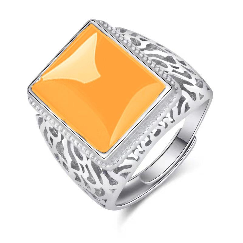 Ethnic Hollow Imitation Green Agate Men Adjustable Ring