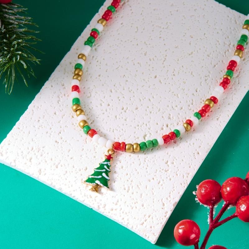 Santa Claus Christmas Tree Pendant Necklace Beads Jewelry Elegant Holiday Gift For Women’s Festive Occasion Outfits