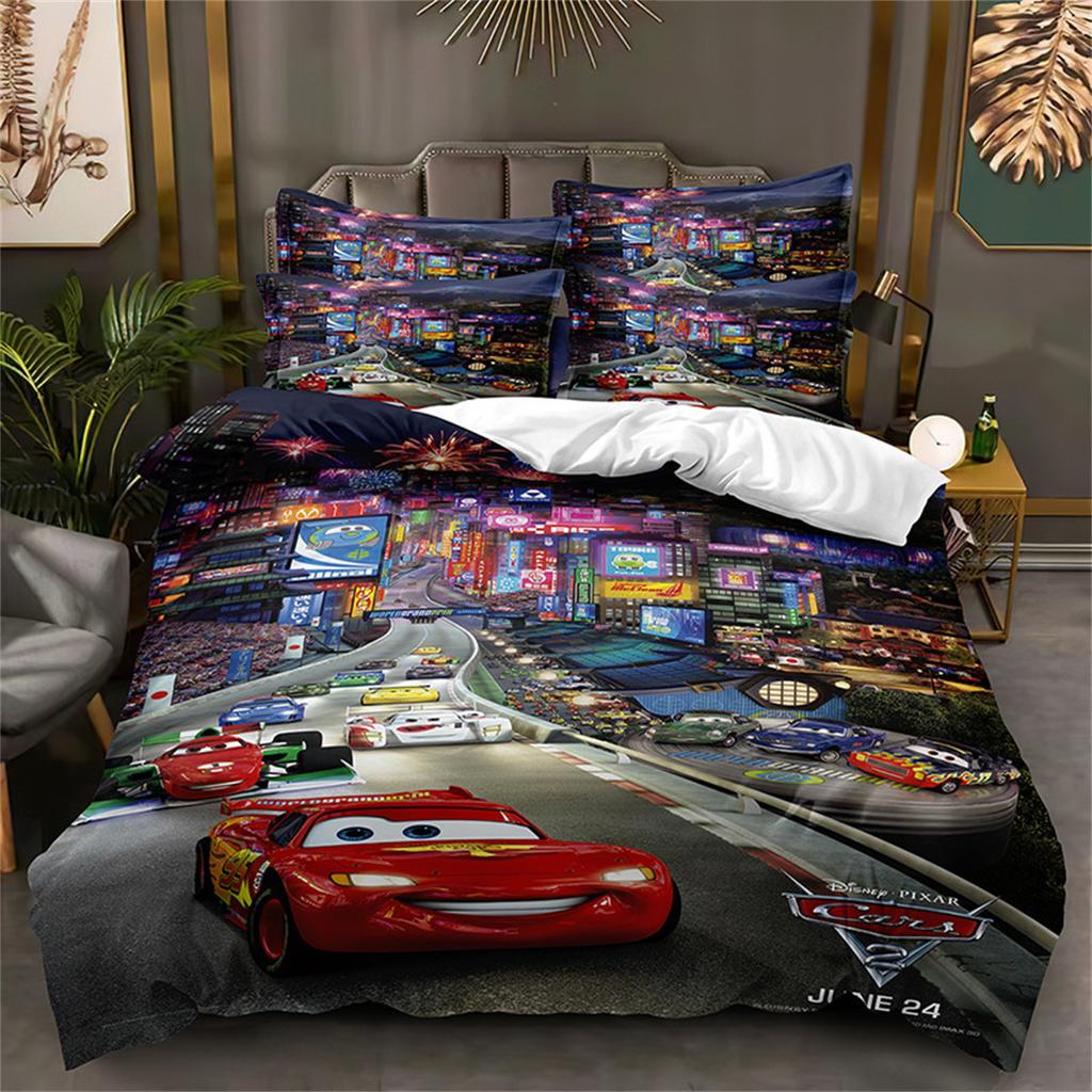Cartoon Cars Bedding Sets with 1/2 Pillowcases, Lightning McQueen Duvet Cover Boy's Bedclothes Bed Linen Gift for Kids Boys