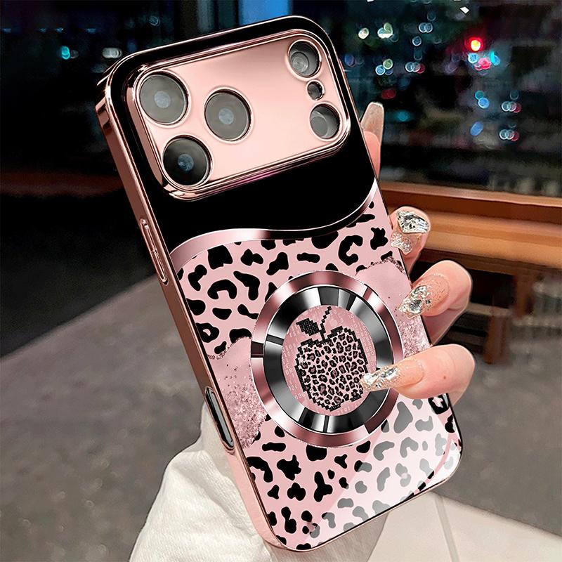 

Sparkling Pink Leopard Metallic Tempered Glass Phone Case For iPhone 11 12 13 14 15 16 17 Pro Max 15 14 Plus 17 Air 17E Cover iPhone 14 Pro