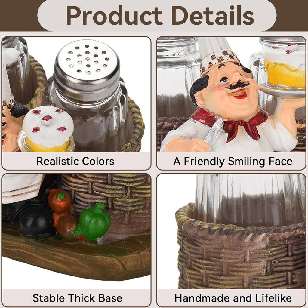 Funny Salt and Pepper Shakers with Chef Figurines Holder, Resin Chef Ornament Spice Jars Holder Restaurant Kitchen Decor(#1)