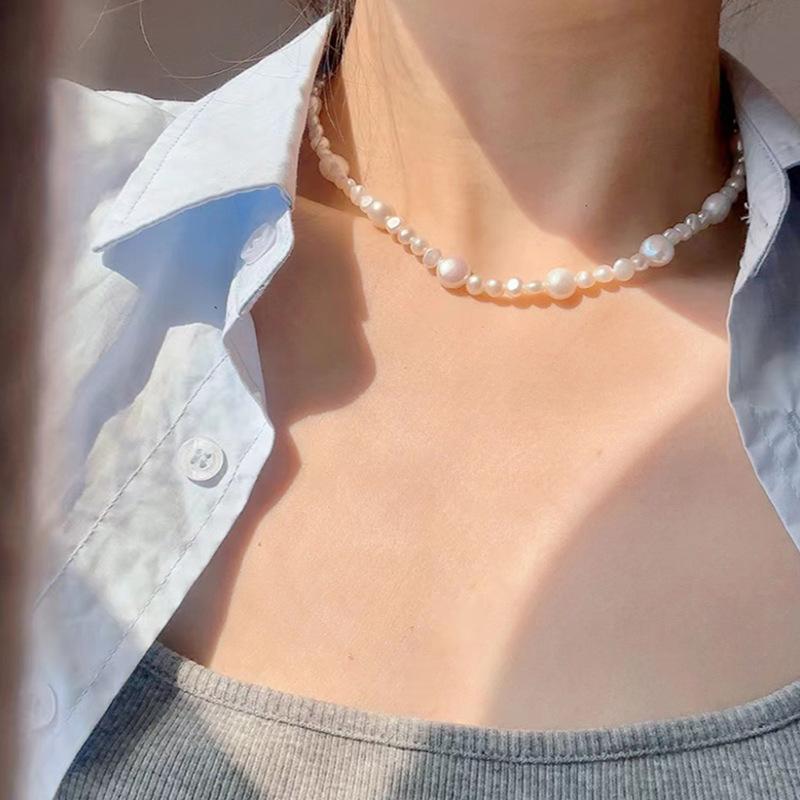 S925 sterling silver natural freshwater irregular pearl necklace - women's french fashion beaded choker