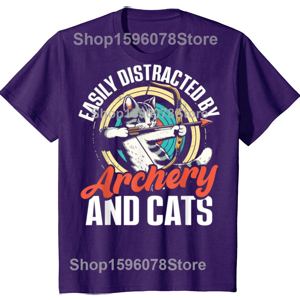 Funny Easily Distracted By Archery And Cats T Shirts Men Cotton Humor Streetwear Tee Shirt Short Sleeve Unisex Loose Clothing