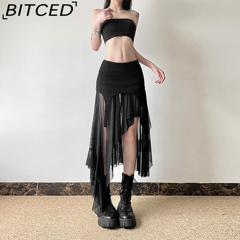 BITCED Summer Women's Solid-Color Slim-Fit Streetwear High-Waisted Asymmetric Skirt
