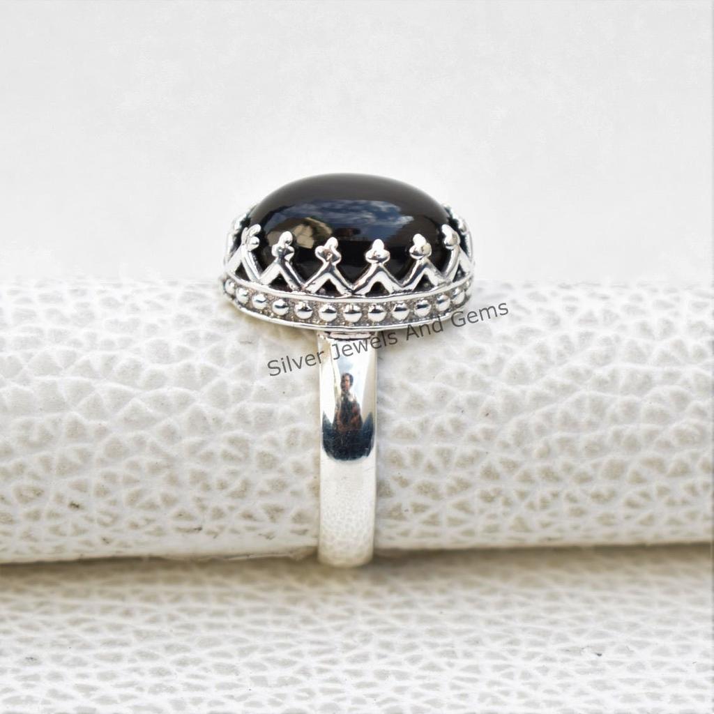 Black Onyx Crown Ring, Handmade 925 Sterling Silver, December Birthstone