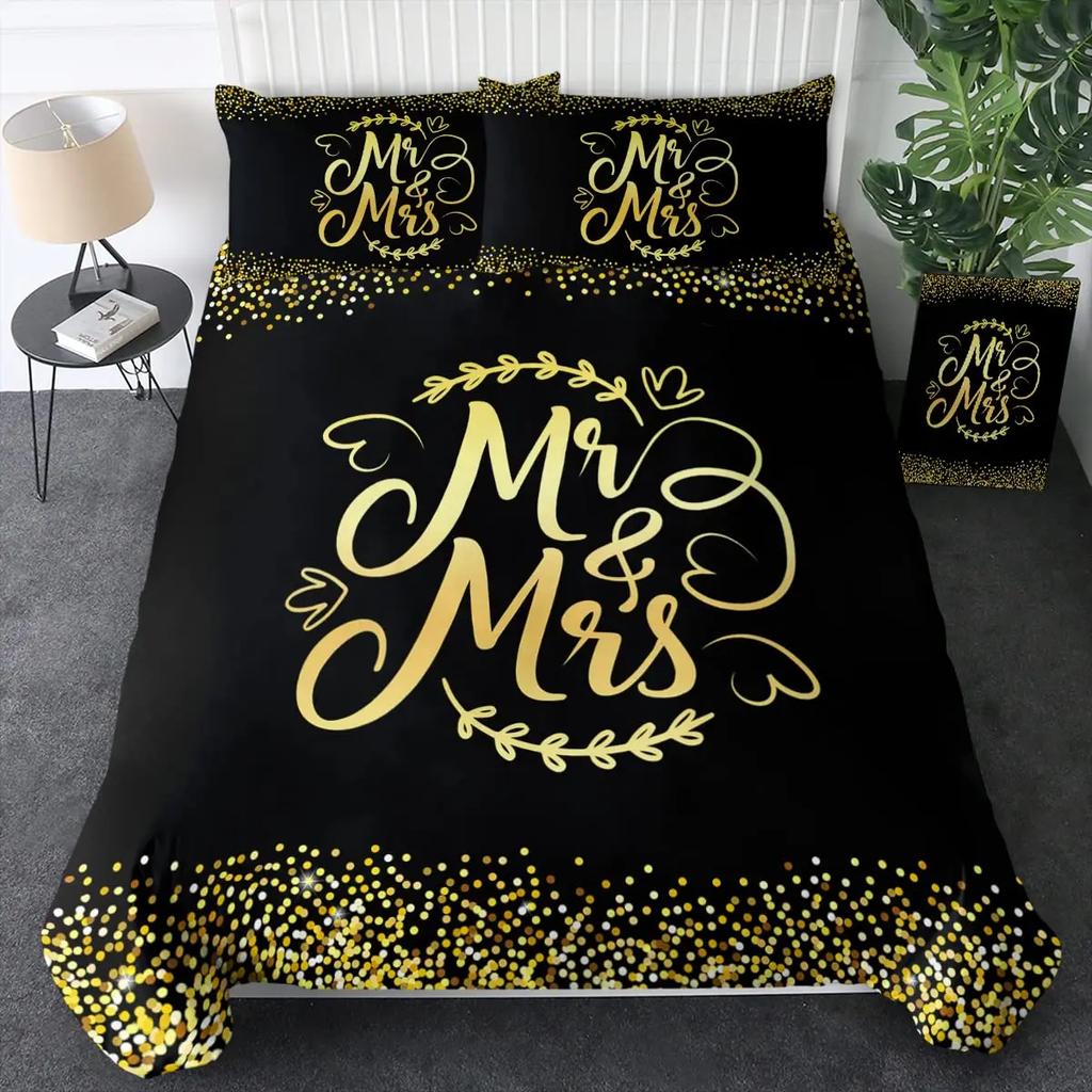 Mr And Mrs Duvet Cover Set King Black Love And Gold Bedding Set For Couples Cute Romantic Valentines Gifts Comforter Cover Sets