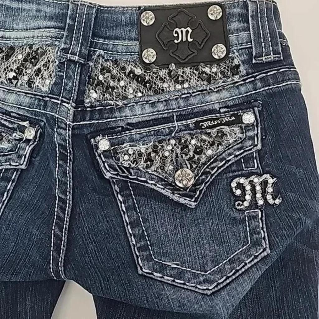 GLYDE Gothic Womens Diamond Embroidery Jeans Vintage Low Rise Flared Jeans Women Retro Y2k Baggy Denim Pants High Streetwear Trousers