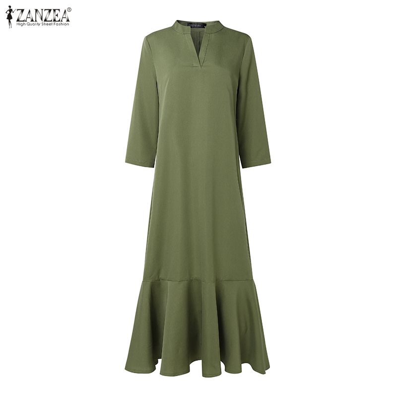 ZANZEA Women Casual V-Neck 3/4 Sleeve Solid Color Long Dress