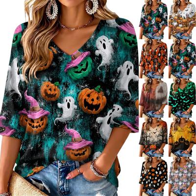 Women's V-Neck Halloween Print Lightweight Blouse for Spring and Summer