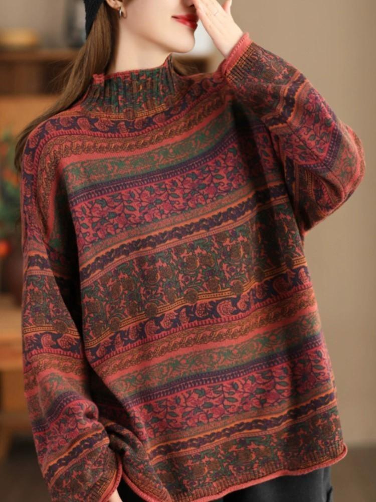 

Винтажный трикотажный пуловер Johnature из мягкого хлопка, женский, с воротником-стойкой, длинными рукавами, повседневный, весенний топ One Size красный