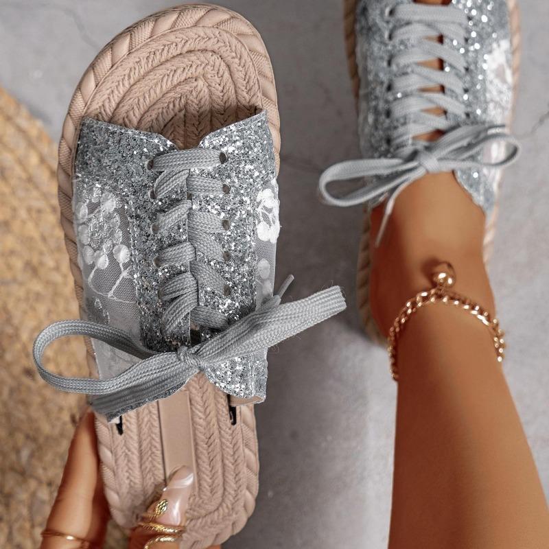 Dámské flitrové síťované vyšívané ležérní pásek ploché pantofle se šněrováním univerzální letní plážové sandály