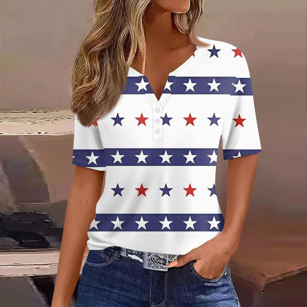 Women's T Shirt Tee Print Button Short Sleeve Daily Weekend Fashion Basic V- Neck Regular Top