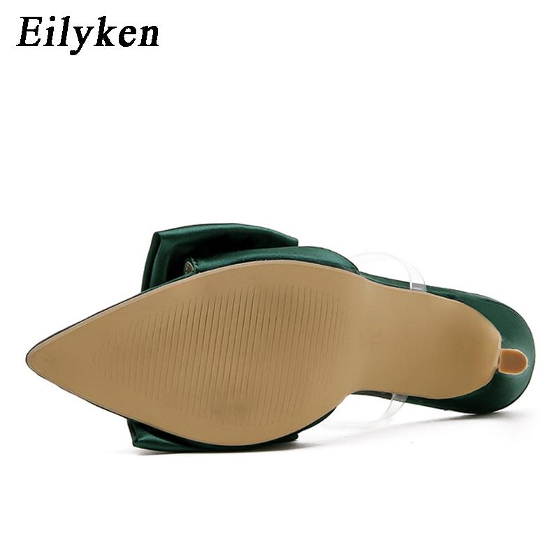 Fashion Eilyken Silk Butterfly-knot Slippers Women Sandals Pointed toe High Heels Mule Slides Party Shoes Zapatillas De Mujer