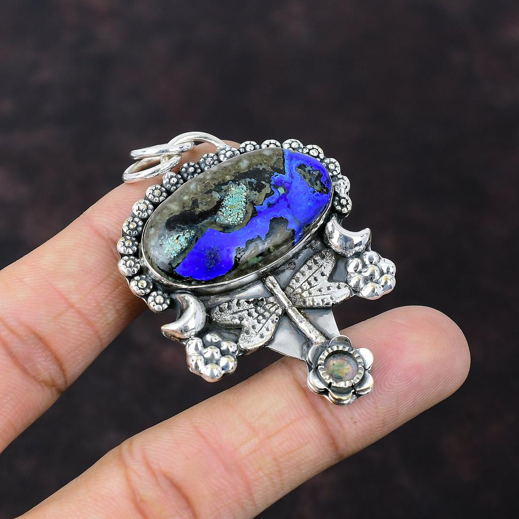 Azurit Malakit Hänge 925 Sterling Silver Hänge Trollslända Hänge Silver Smycken Ädelsten Handgjort Hänge Gåva Till Honom Fina Smycken