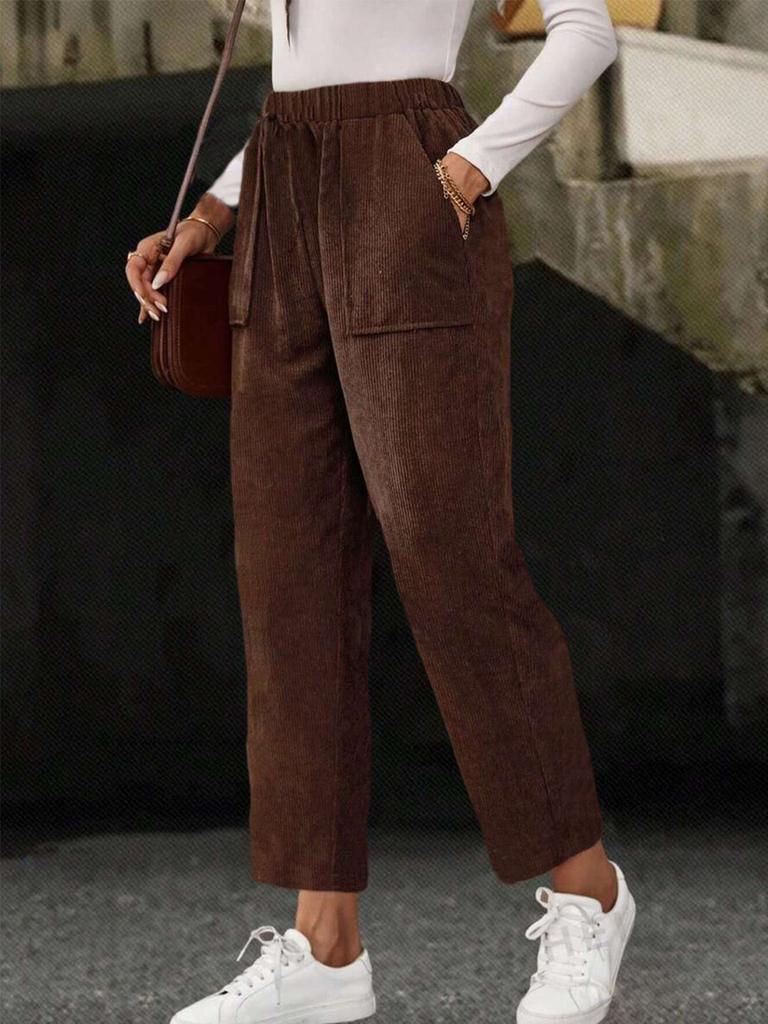 New Fall Women's Clothing Solid Elastic Waist Corduroy Pants Women Straight Leg Casual