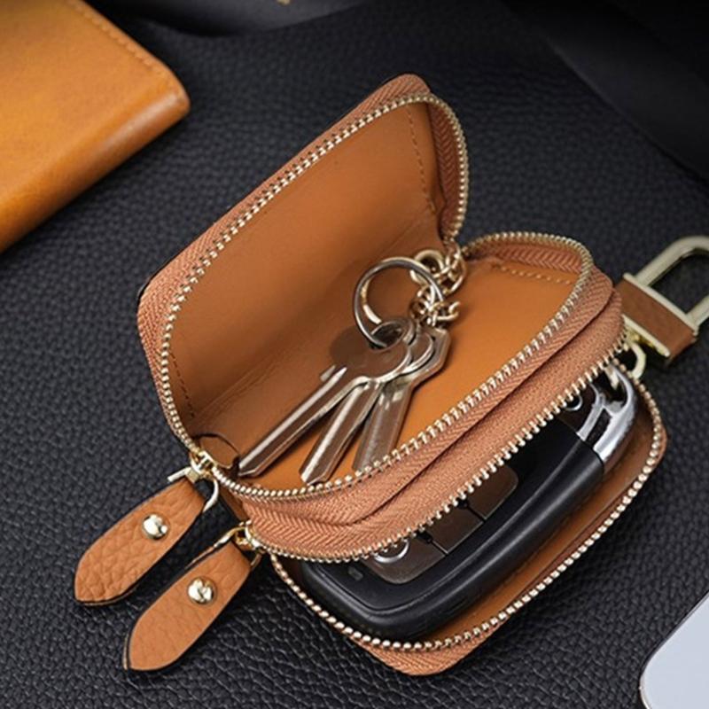 Leather Car Key Fob Case Cover Keychain Zipper Bag Protector Double Layer Pouch