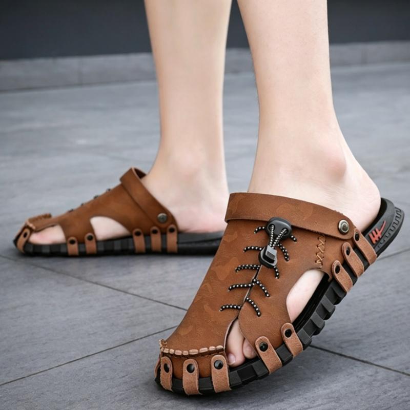 Big Size 46 Luxury Men Leather Slippers Sandals Comfortable Breathable Casual Shoes Men Fashion Sneakers Leisure Men Slippers Slides Footwear Male