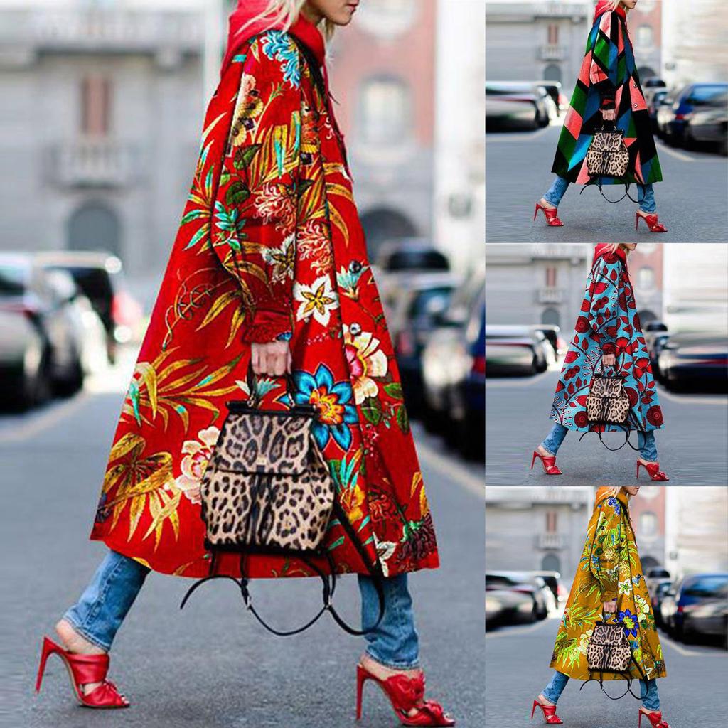 Μόδα Γυναικεία εμπριμέ σακάκι τσέπης Ζακέτα πανωφόρι μακριά καμπαρντίνα