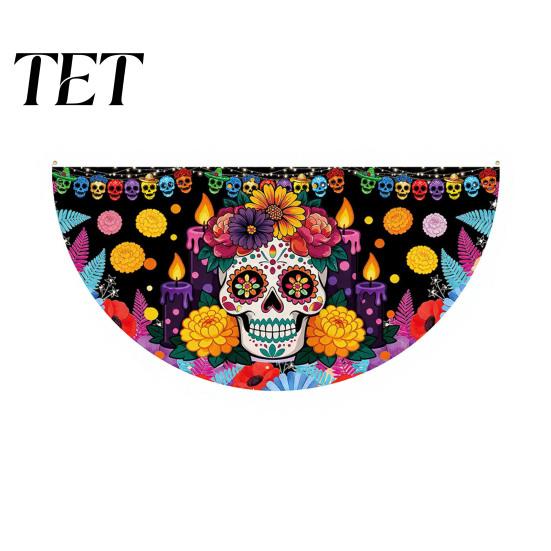 Colorful Cemetery Memorial Flag Day of The Dead Skull Bunting Banner, Marigold Print Fiesta Hanging Flag, Sugar Outdoor Yard Party Decor Floral