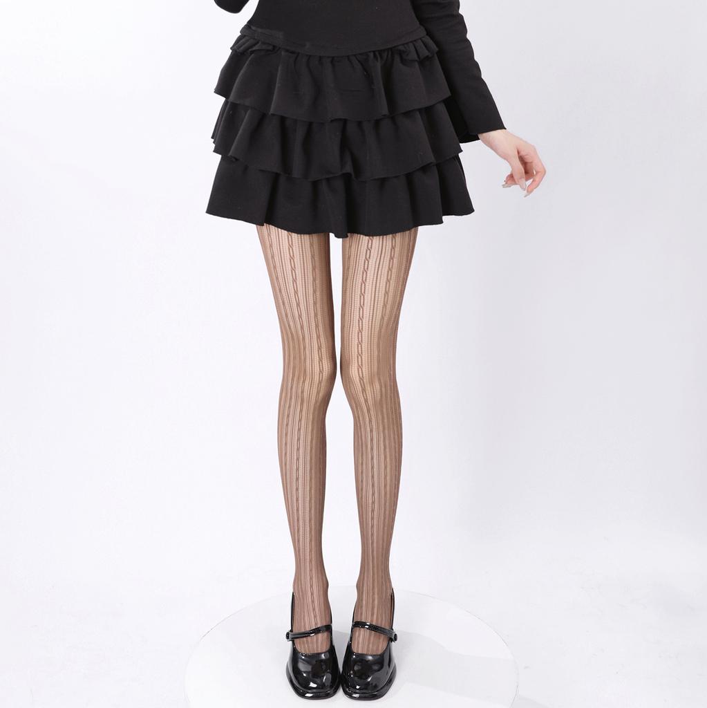 Sexy Hollow Lace Fishnet Socks American Stockings Retro Coffee Vertical Striped Pantyhose Women With Leg Covers