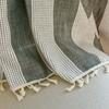 Modern Striped French Style Semi-Sheer Curtain Living Room Balcony Cotton Drapery With Rod Pocket Tassel Trim