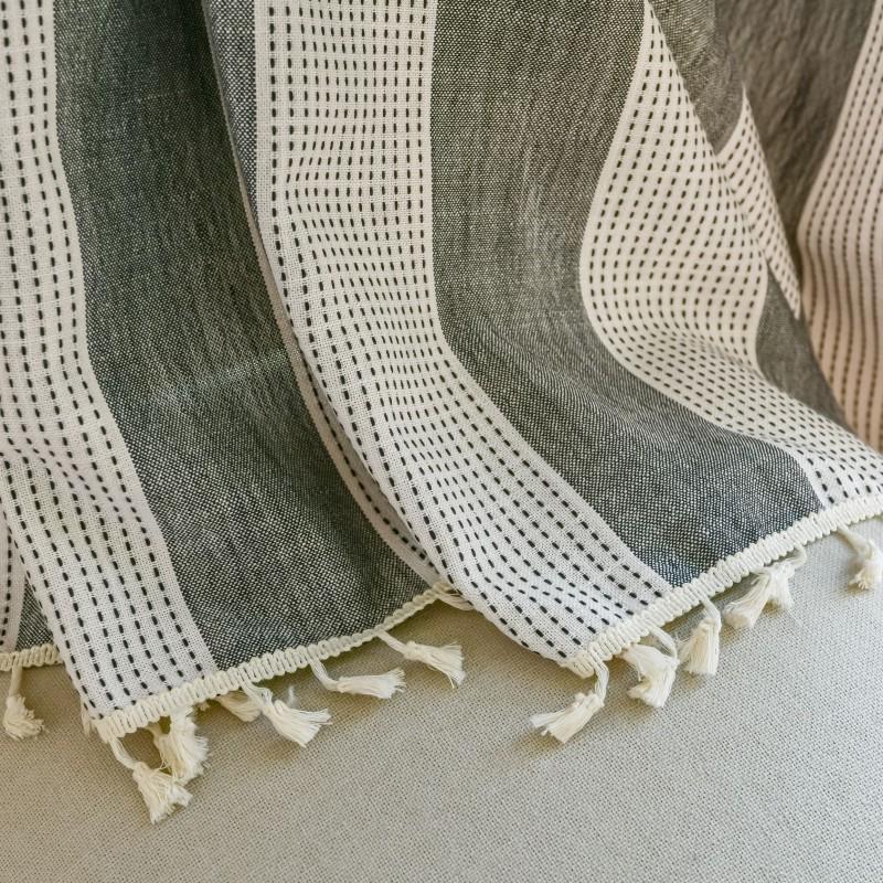 Modern Striped French Style Semi-Sheer Curtain Living Room Balcony Cotton Drapery With Rod Pocket Tassel Trim