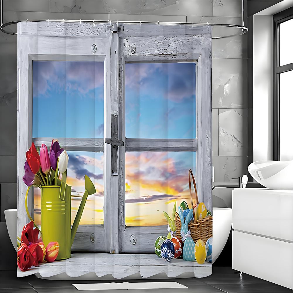 Window Kettle Floral Sunset Shower Curtain, Bathroom Decorative Shower Curtain, Waterproof Shower Curtain with Hooks