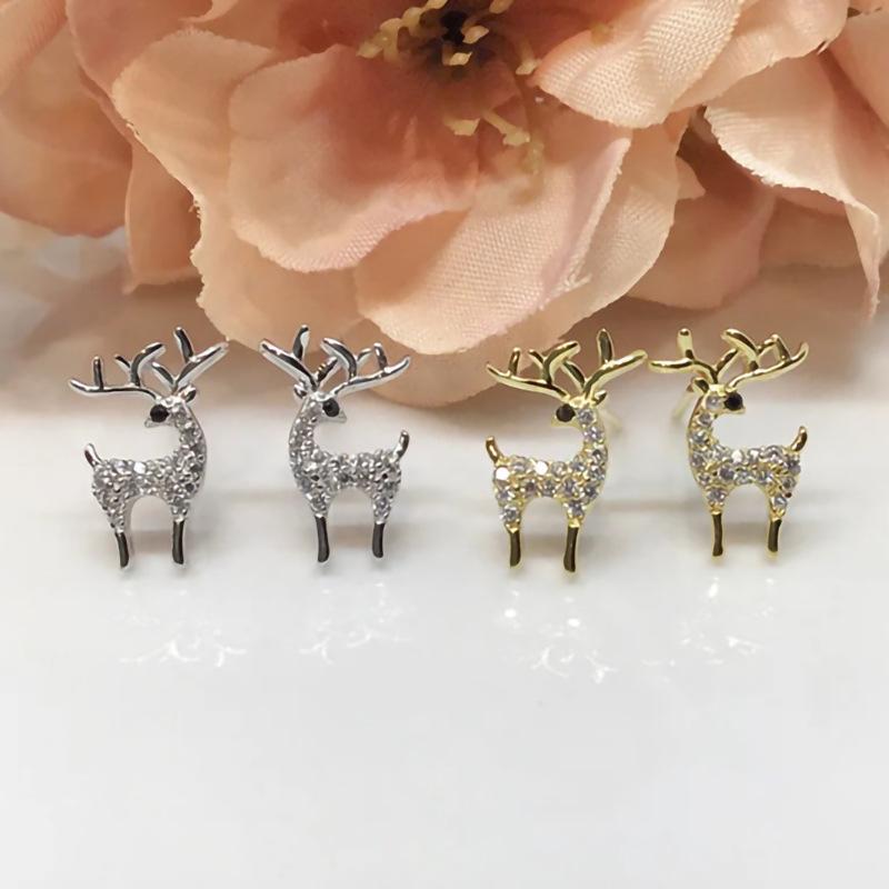 Gold Plated CZ Deer Stud Earrings, Cute Sparkly Reindeer Animal Studs for Women