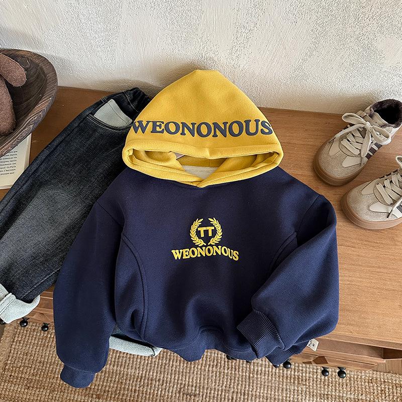 Boys  American Letter Color Block Hoodie - Velvet Lined Winter 2025 Trendy Kidswear 110 cm