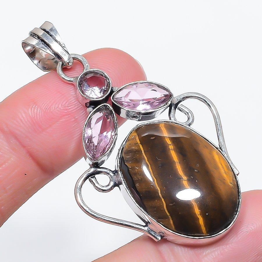

Natural Tiger Eye, Kunzite 925 Sterling Silver Jewelry Pendant 2.21 r5a08