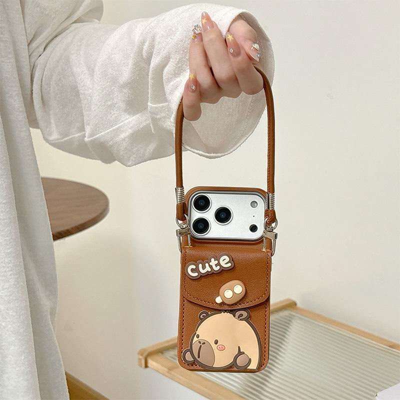 Cartoon Capybara Wallet Card Case Portable Rope Mobile Phone Case For Apple 16 Lanyard Iphone17Promax Soft Case