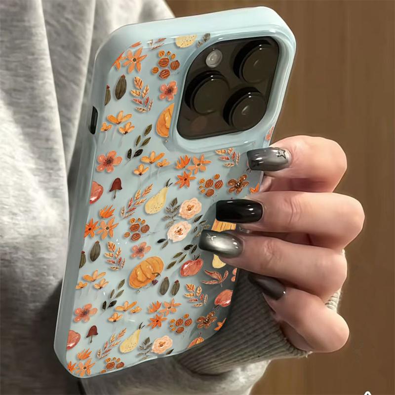 Custodia per Telefono con Texture Piegata e Motivi Floreali e Vegetali Autunnali per iPhone 16 15 14 17 Air 12 13 Pro Max 16 Plus Cover Morbida