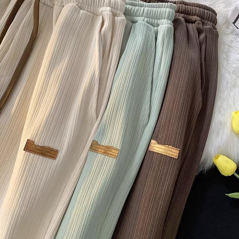Summer Pleated Loose Plus Size Floor-Length Textured Trousers: Slimming, Straight-Leg, Lazy Style