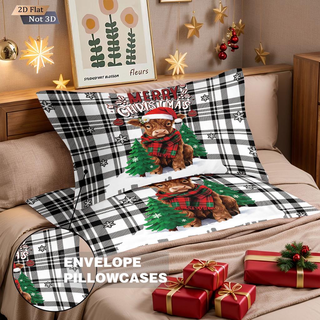 3-teiliges kariertes Weihnachts-Highland-Kuh-Druck Bettwäscheset ohne Füllung, mehrgrößig, Schlafzimmer-Bettdeckenbezug-Dekoration, maschinenwaschbar