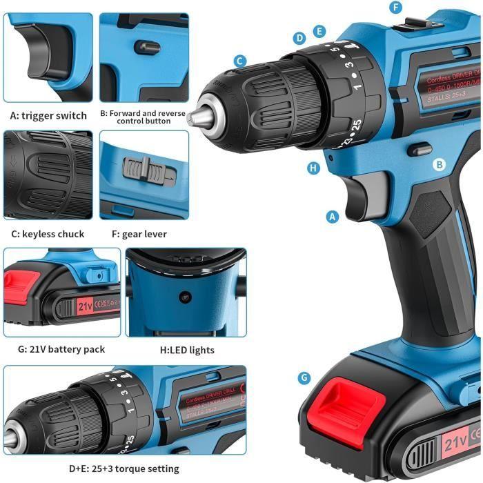 Perceuse Visseuse Sans Fil - 21V - 2 Batteries 2.0Ah - 25+3 Réglages de Couple - LED Intégrée