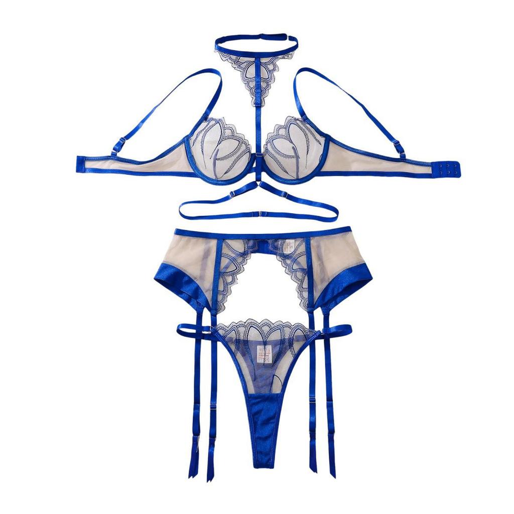 Set Sexy da Donna Blu Modellante Rete Ricamata con Ferretto Sostegno Scollatura a Collo Alto Set Lingerie Sottile Traspirante Set Reggiseno Push-Up