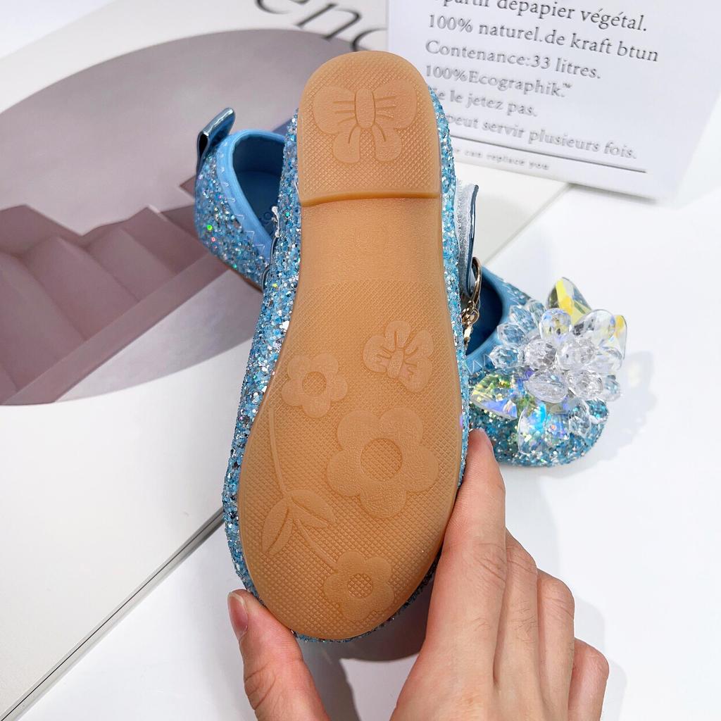 Girls' Princess Shoes Blue Elsa Crystal Shoes New Spring and Autumn Model for Young Children, Flat Single Shoes for Girls, Soft Sole Shoes