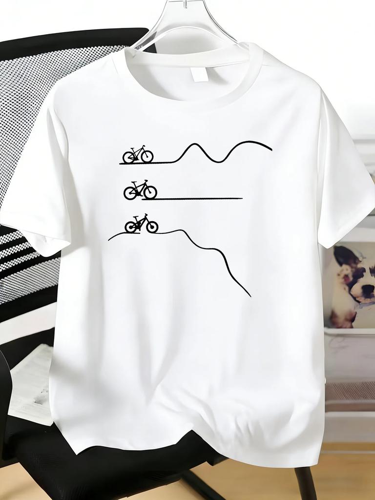 Mens Tee Line Art Bicycle And Hill Route Print Cotton Short Sleeve Male Casual Streetwear Outdo