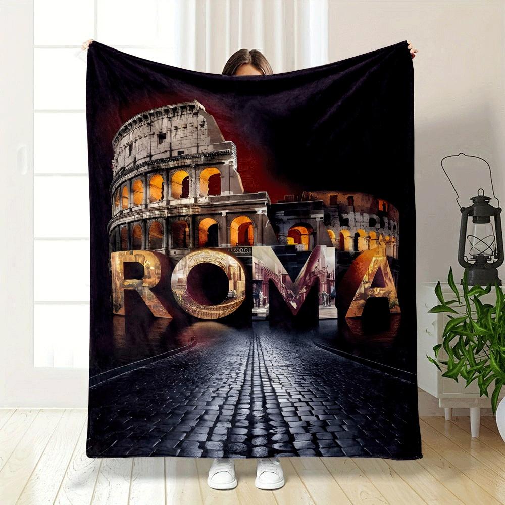 The pattern combines "ROMA" text with images and the Colosseum backdrop. for all seasons blanket lunch break throw gift