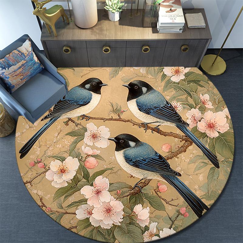 Birds On Branches Round Area Rug,Carpet Rug for Living Room Bedroom Sofa Playroom Decor,Non-slip Floor Mat