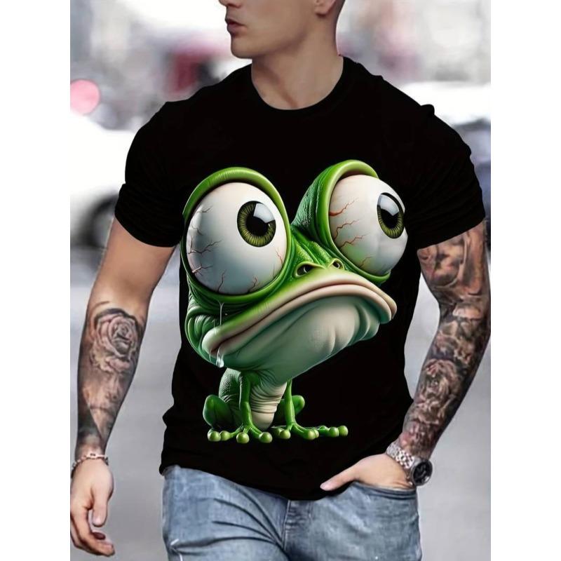 Men's Summer Elasticity Comfort Plus Size 3D Casual Frog Printed T-shirt- Soft Medium Stretch Polyester Fabric Summer Mens Relaxed Fit Clothing