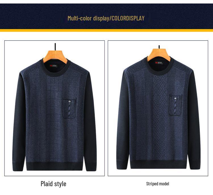 Men's Fleece-Lined Round-Neck Sweater for Autumn/Winter - Warm Knitted Base Layer for Dad or Grandpa