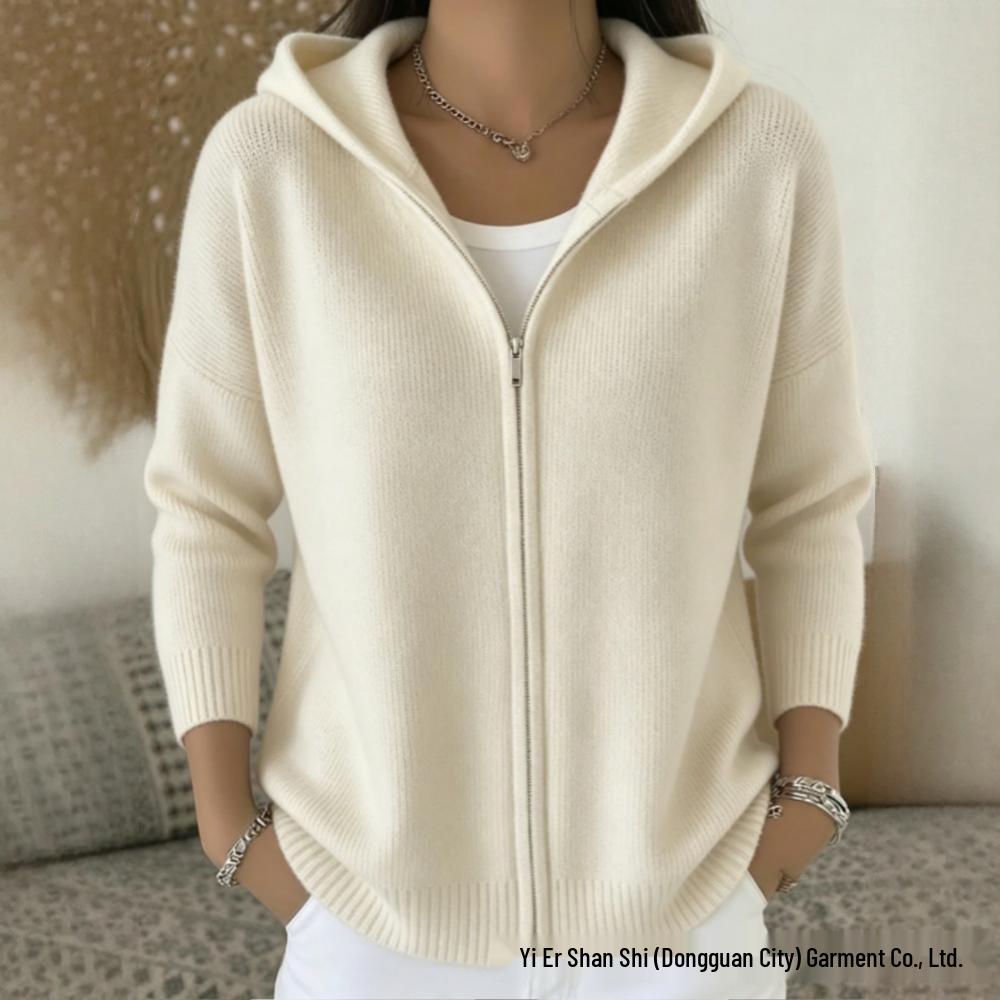 Autumn 2026 Hooded Zipper Knit Cardigan - European & American Style, Women's Loose Solid Color Long Sleeve Sweater