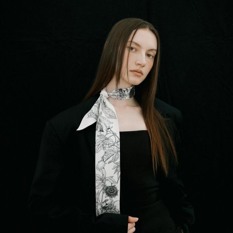 AVVINA PELLE Long Twilly Silk Scarf   Cream   Model  Botanic Garden
