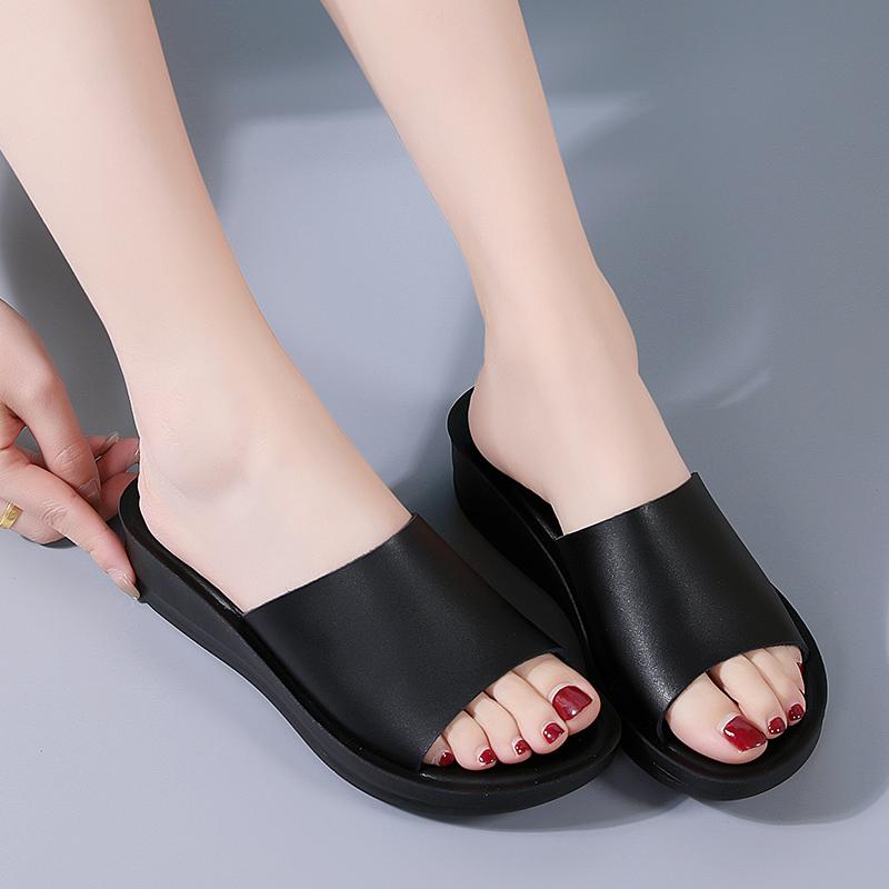 Women White Slide Slippers Outdoor Wedge Chunky Slippers Open Toe Casual Walking Black Sandals for Mother