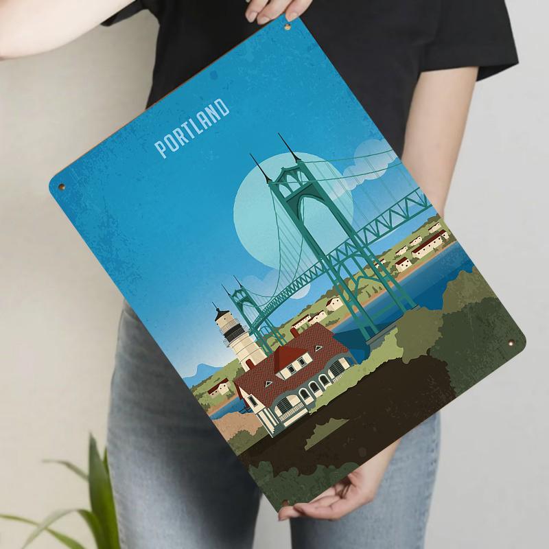 

Portland Cityscape Metal Wall Art St Johns Bridge Lighthouse Decorative Iron Painting 20x30cm（7.8x11.8inch）