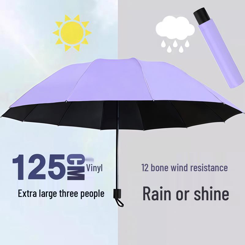 Large Dual-Use Umbrella for Sun and Rain, Manual Folding, Reinforced for Two, Black Glue Sunscreen, Suitable for Men and Women