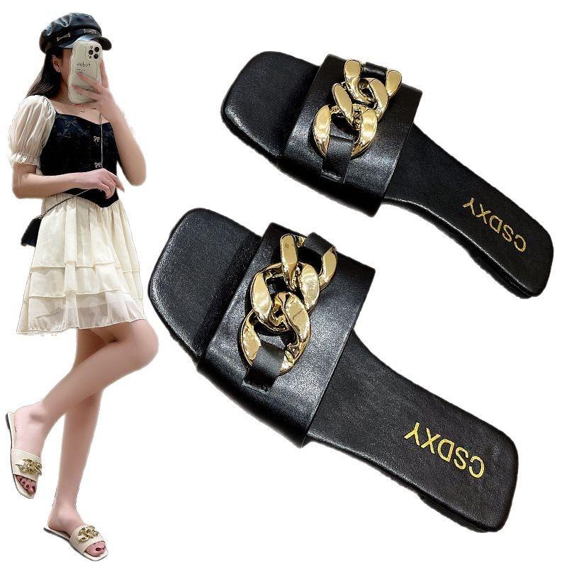 New large-size square head chain decorative one-character slippers, women's flat bottom outer wear beach cool slippers