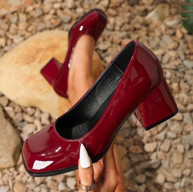 Women High Heels Mary Janes Shoes Spring Autumn New Patent Leather Comfort Heeled Shoes Woman Chunky Heel Pumps Black Work Shoes