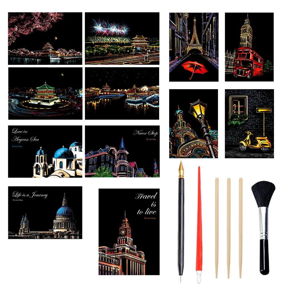 

Formemory Scratch Art Set of 12 Scratch A4 with Scratch Pen Beautiful Art Just by Art Scratch Art Pen Room Night City and Cherry People and Animals